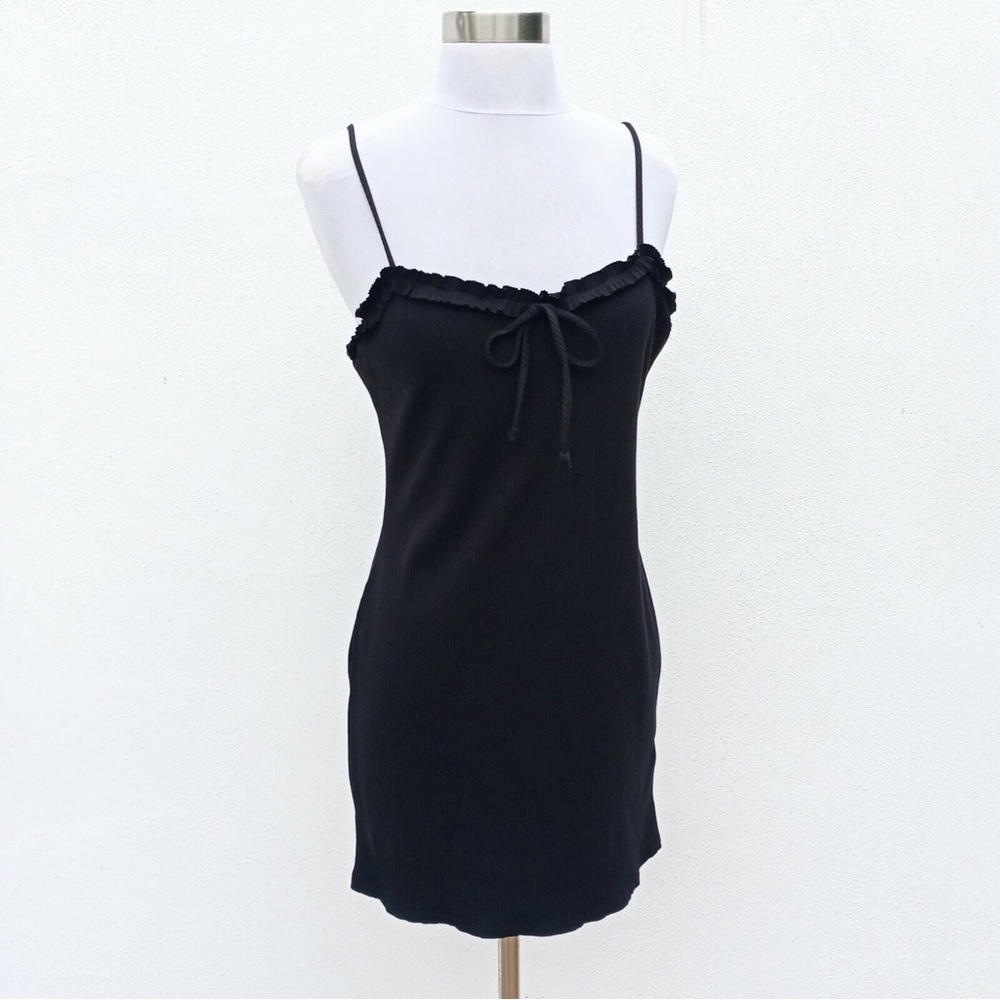 Black Ribbed Mini Dress Ruffle Trim Spaghetti Strap Size Medium